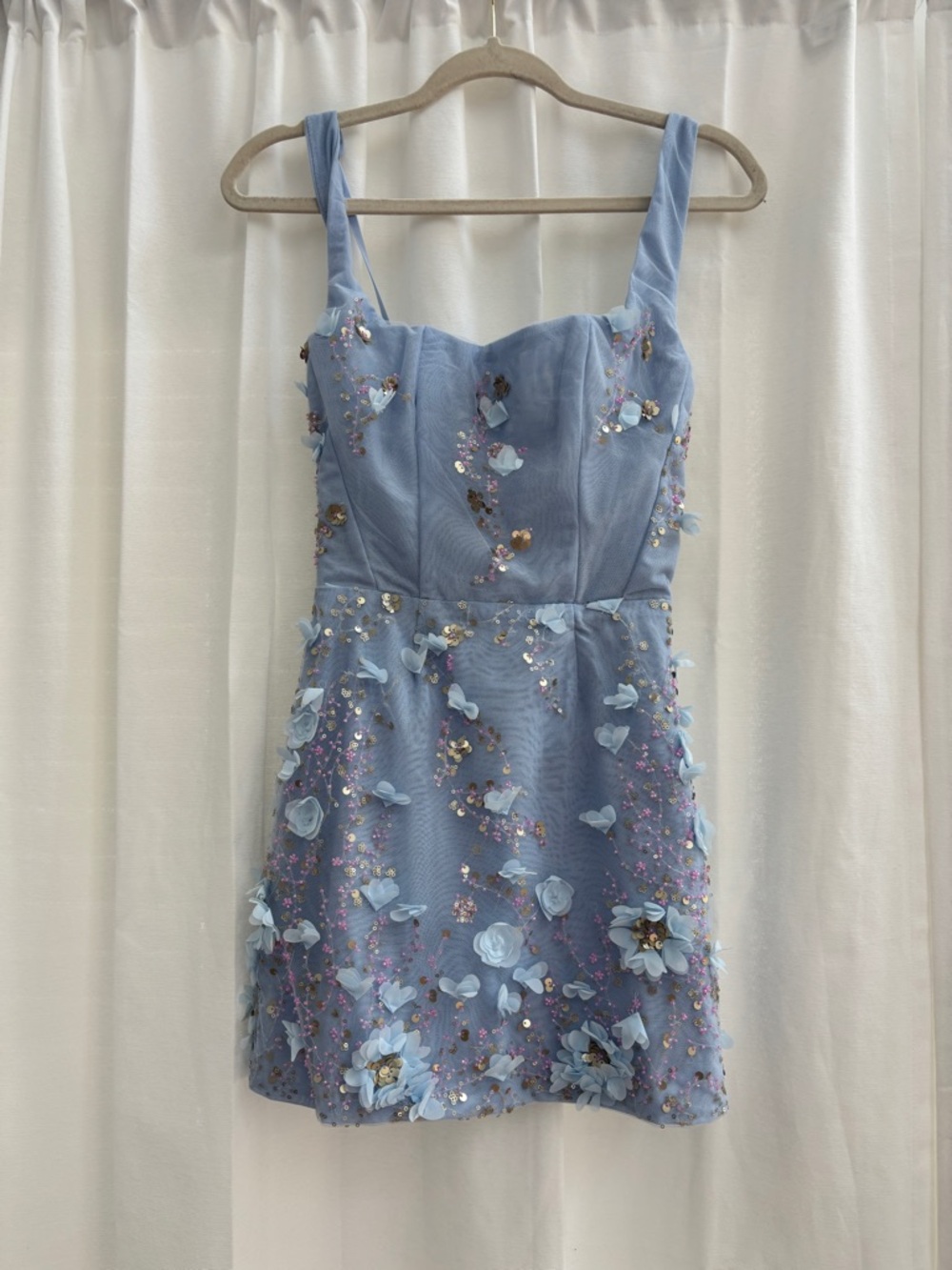 Pale Blue Sequin & Floral Lace-Up Dress